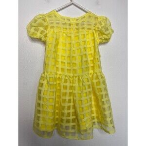 Little Angels Size 4 Windowpane Babydoll Dress Yellow Organza Puff Sleeves NWT